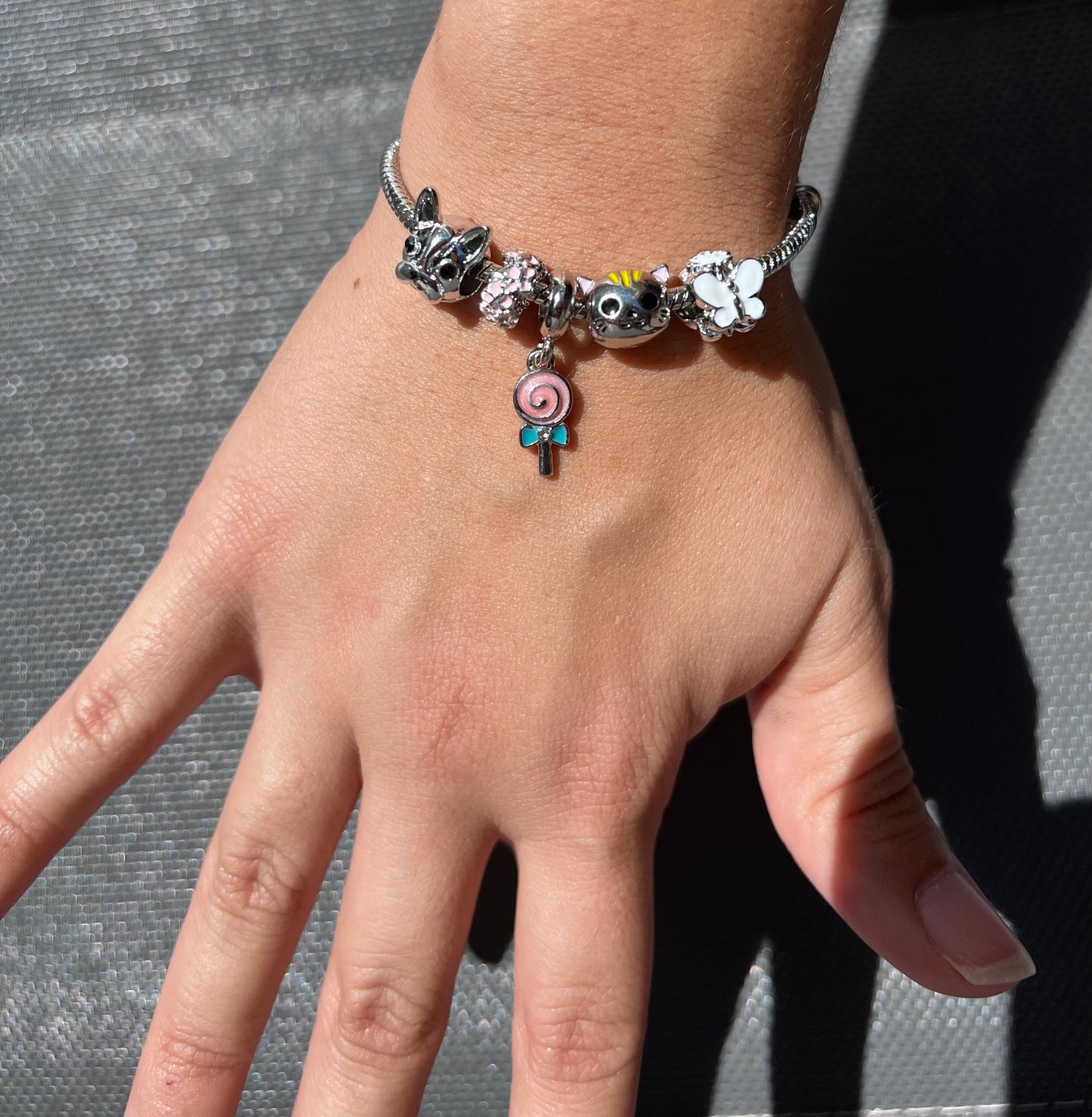 🐾 Cute Silver Charm Bracelet – Dog, Cat, Butterfly & Lollipop Pendants | Alloy Jewelry Gif