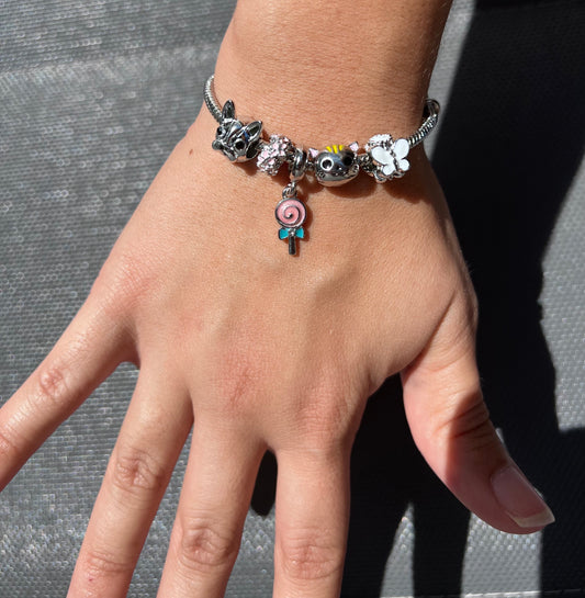 🐾 Cute Silver Charm Bracelet – Dog, Cat, Butterfly & Lollipop Pendants | Alloy Jewelry Gif