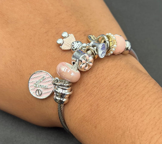 Silver Charm Bangle Bracelet –Cute Bear, Beads &amp; Crystal Accents | Adjustable Alloy Jewelry