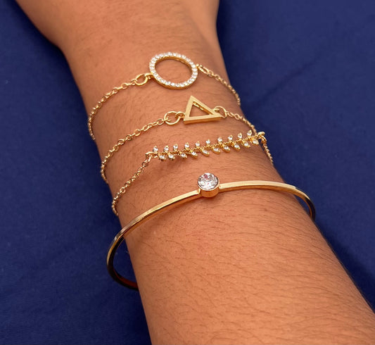 4-Piece Bracelet Set for Women – Triangle, Circle, Rhinestone & Leaf Charms | Minimalist Accessories