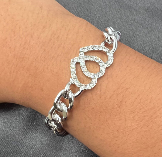 Double Heart Rhinestone Chain Bracelet for Women – Elegant Thick Link Design