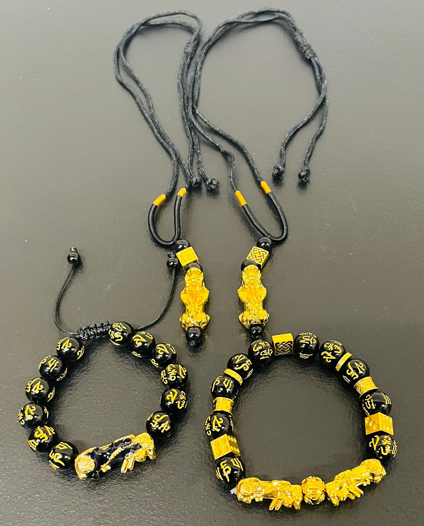 4Pcs Pi Xiu Obsidian Feng Shui Bracelet & Necklace Set – Wealth, Luck, Protection Amulet Jewelry