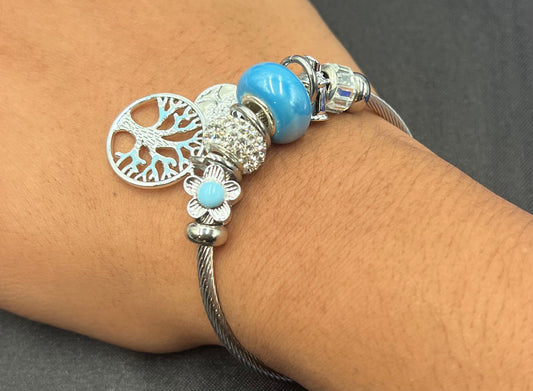 Silver Charm Bangle Bracelet – Tree of life, Beads &amp; Crystal Accents | Adjustable Alloy Jewelry