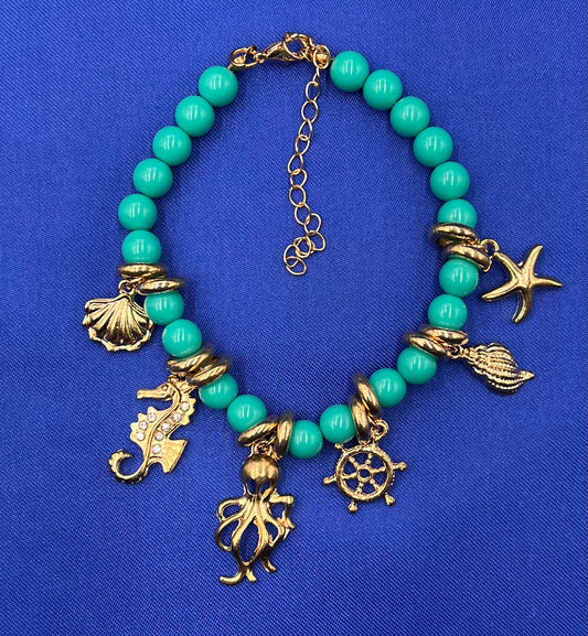 Vintage Ocean Charm Anklet – Conch, Rudder & Octopus Beach Bracelet