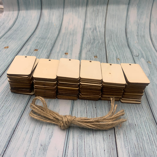 New✨100 Pcs Unfinished Wood Pieces Rectangle-Shaped with Hole & 2M Hemp Rope for Craft (2 x 1.3")
