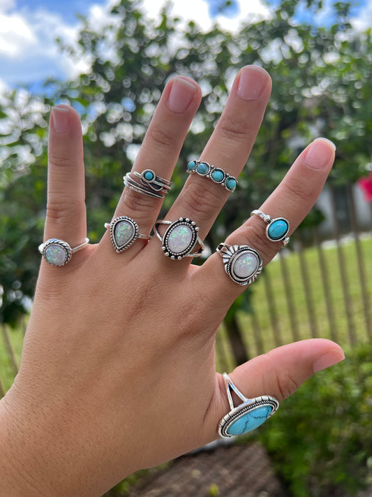 Vintage Alloy Inlaid Turquoise Geometric Ring Set of 8 silver