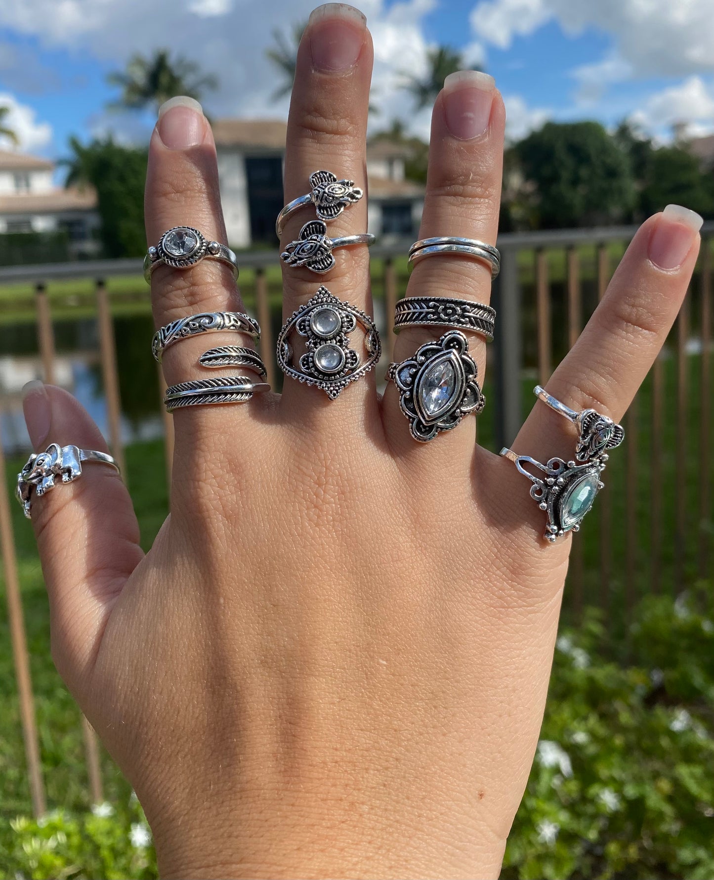 11-Piece Vintage Silver Boho Ring Set for Women – Gem Inlaid Elephant, Leaf & Feather Designs
