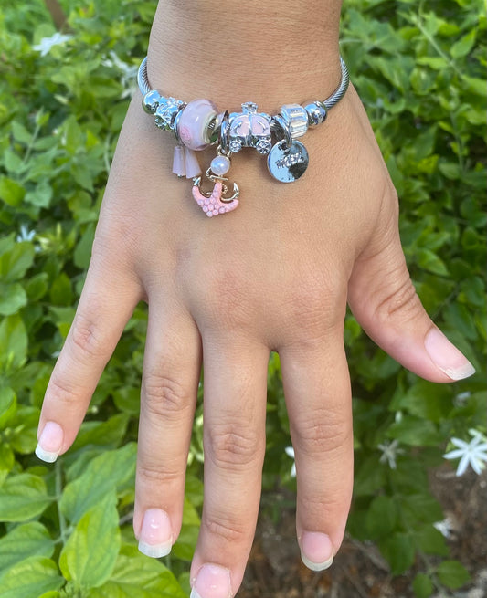 Silver Bangle Bracelet with Pink Charms and Anchor