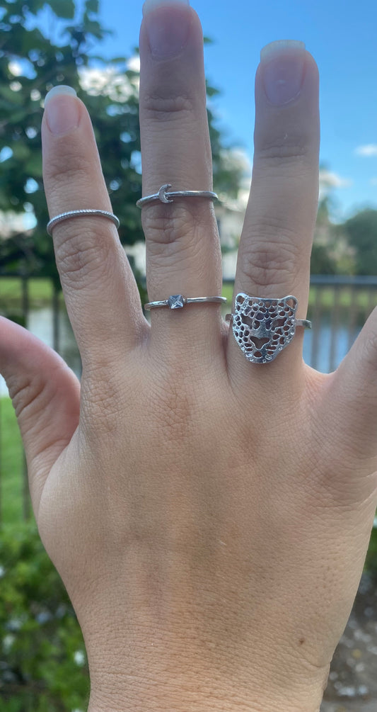 4-Piece Silver-Toned Ring Set with Crystal, Mermaid Tail, Tiger & Plain Design
