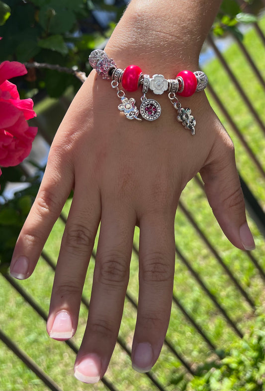 Red Glaze Big Hole Beads Silver Bangle Bracelet – Fashion Jewelry for Women