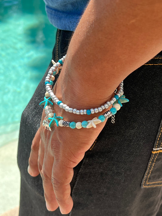 Elephant & Starfish Anklet – Double-Layer Bracelet with White & Blue Beads, Ocean-Inspired Jewelry