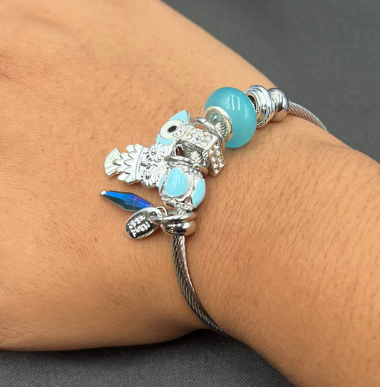 Silver Charm Bangle Bracelet – Evil Eye, Beads & Crystal Accents | Adjustable Alloy Jewelry