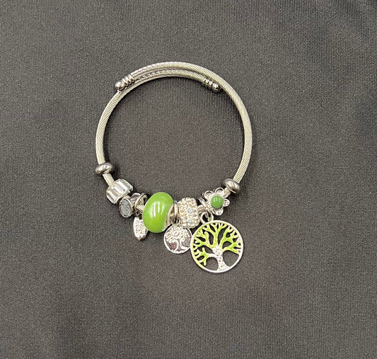 Silver Bangle Bracelet with Green Beads & Tree of Life Charm
