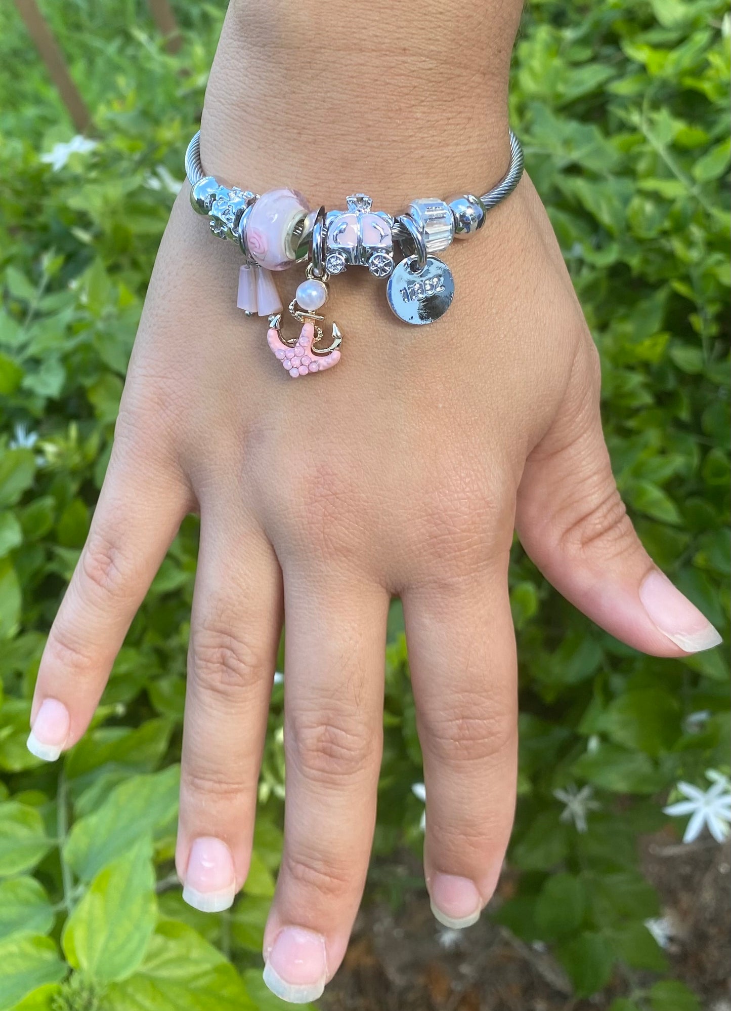 Silver Bangle Bracelet with Pink Charms and Anchor