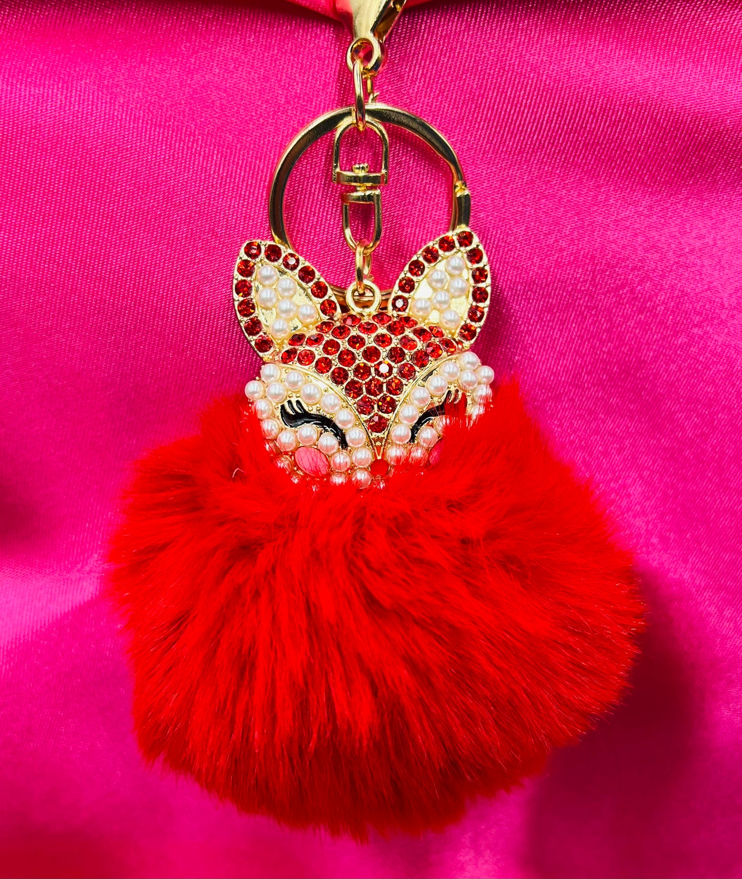 Red Fluffy Fox Keychain Charm – Cute Faux Fur Pom