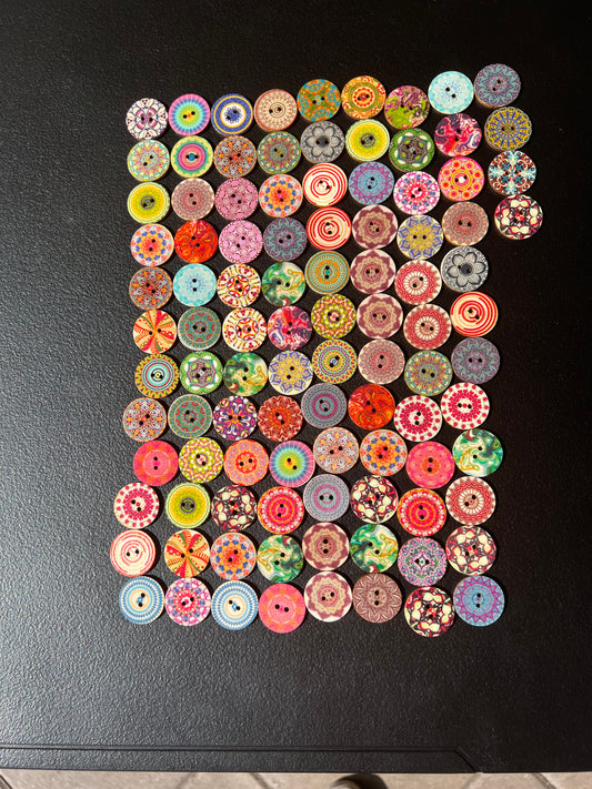 100pcs 25mm 2 Holes Mixed Boho Flower Wooden Button Sewing Scrapbooking DIY Craft