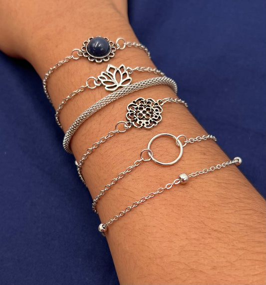 6-Piece Silver Plated Snake Chain Bracelet Set – Alloy Layered Bracelets for Women