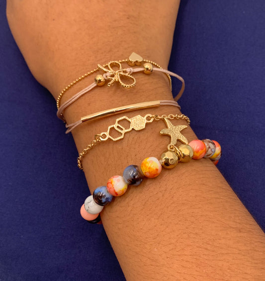 Jade And Beaded crystals Starfish Fivelayer Bracelet Bow Knot Love Geometric Alloy Bracelet Set Gold plated