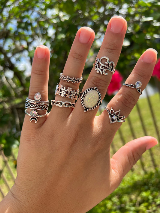 Bohemia Opal Diamond Flower Geometric 10 piece Ring Set