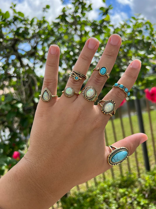 Vintage Alloy Inlaid Turquoise Geometric Ring Set of 8 bronze