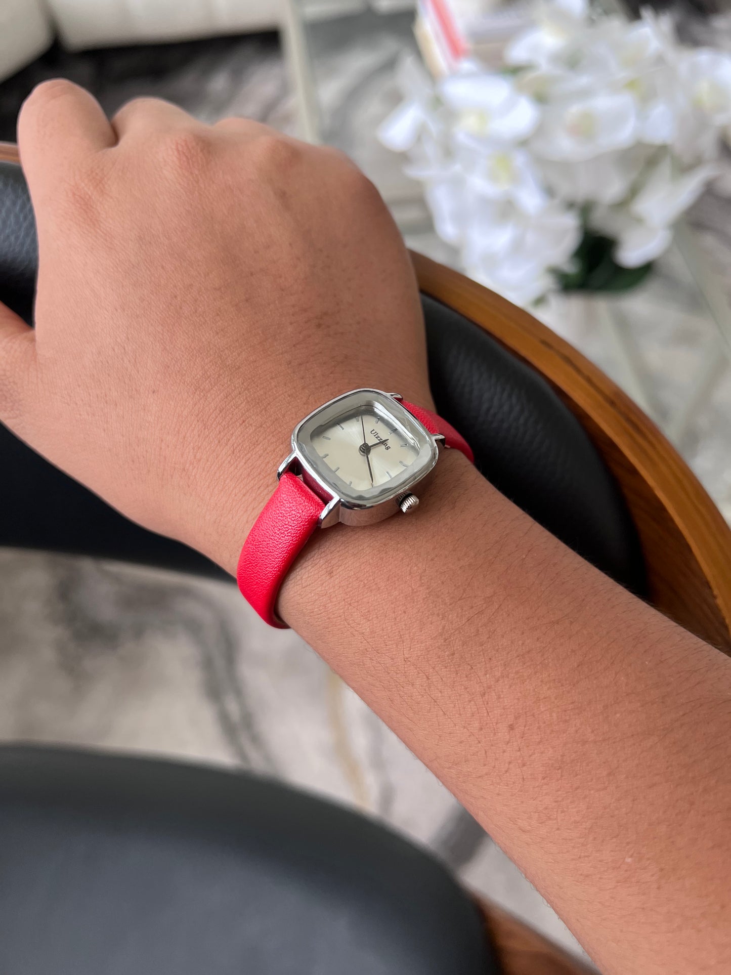 Red Leather Watch for Women Slim Design with Mother of Pearl Face and Crystal Markers