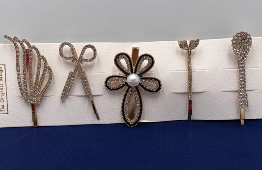 Metal Feather Flower Ribbon Pearl Hairpin Set with Rhinestone