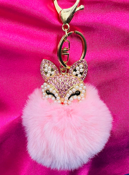 Pink Fox Fur Ball Keychain – Cute Animal Charm for Bags, Wallets & Car Keys