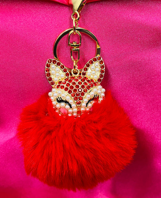Red Fluffy Fox Keychain Charm – Cute Faux Fur Pom