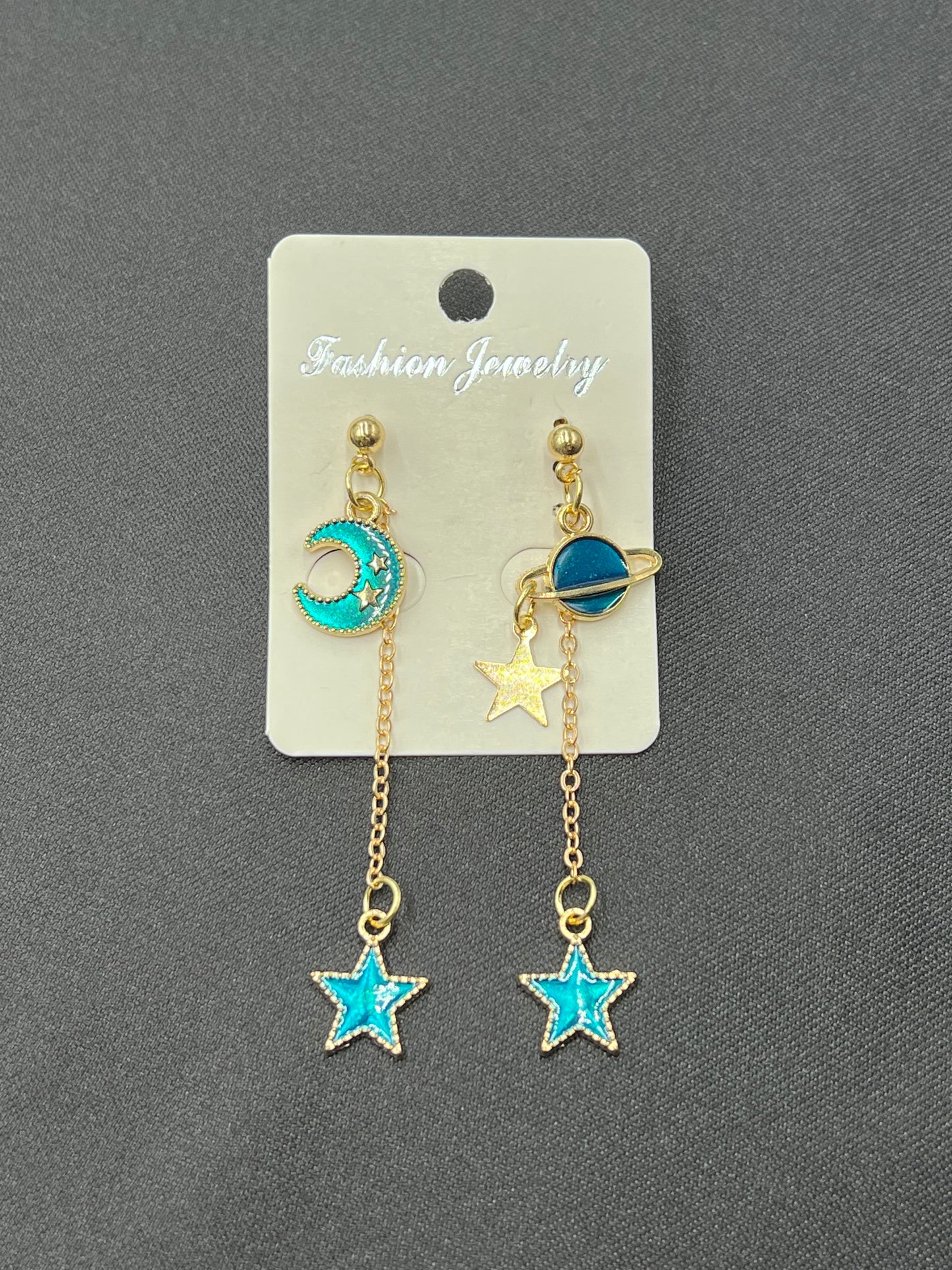 Lady Heart Asymmetric Blue Starry Sky Moon Universe Planet Earrings