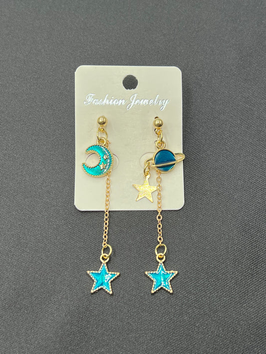 Lady Heart Asymmetric Blue Starry Sky Moon Universe Planet Earrings