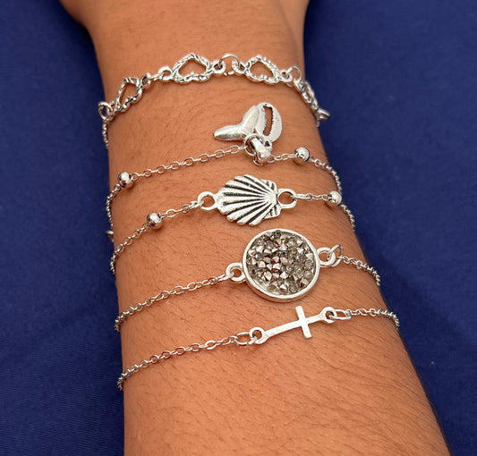 5-Piece Silver Plated Bracelet Set – Cross, Shell, Heart, Mermaid Tail & Cactus Charms for Women