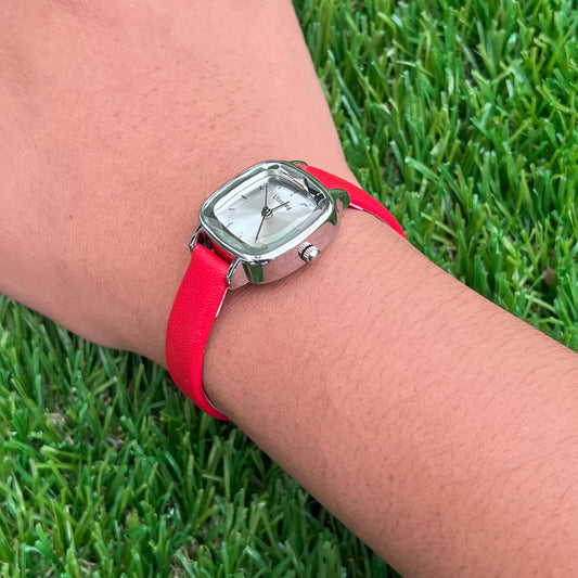 Red Leather Watch for Women Slim Design with Mother of Pearl Face and Crystal Markers
