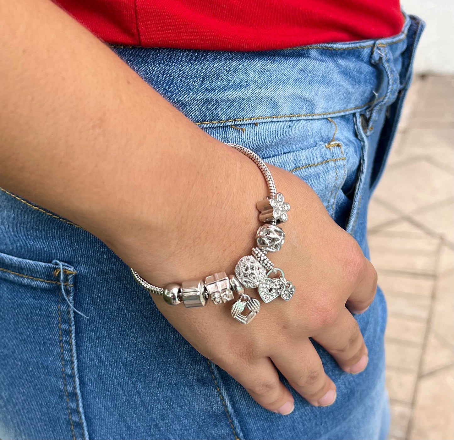 Silver Charm Bracelet – Adjustable Snake Chain with Dangling Charms 💖