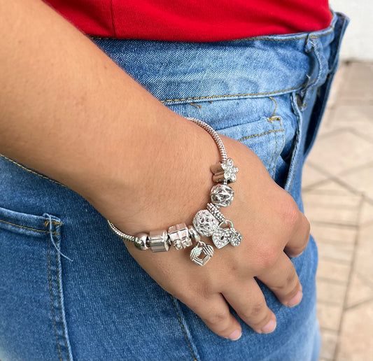 Silver Charm Bracelet – Adjustable Snake Chain with Dangling Charms 💖