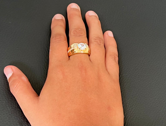 Luxury Men’s 14K Gold Plated White Sapphire Cocktail Ring – Adjustable Size