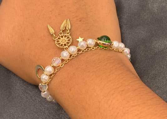 Simple Double Pearl Dream Catcher Pendant Crystal Bracelet