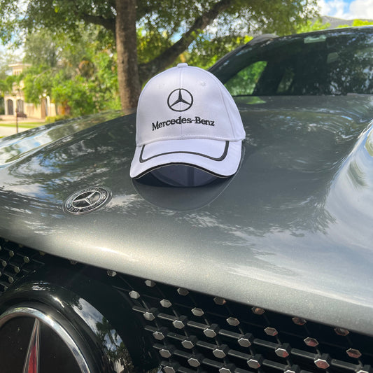 White MERCEDES-BENZ Cap Adjustable Embroidered Black Logo, Stripe, and Trim Car Hat