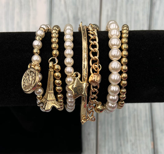 Pearl Vintage Bracelet Coin Six-piece Jewelry Multi-layer Elastic Bracelet
