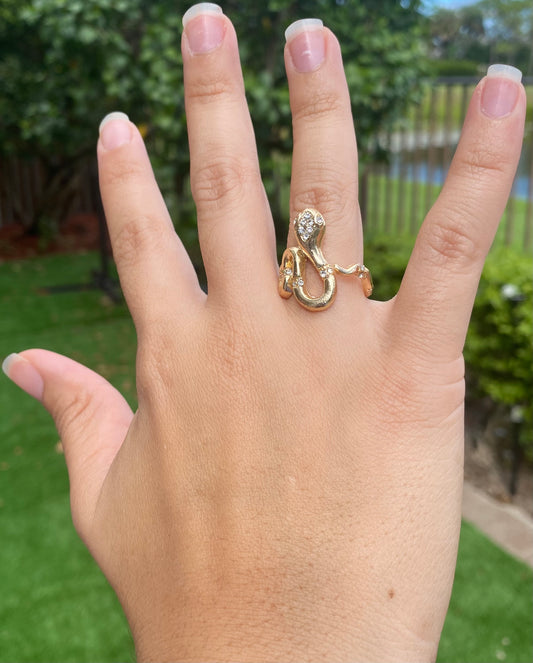 🐍 Gold-Plated Snake-Shaped Punk Ring – Diamond Accents