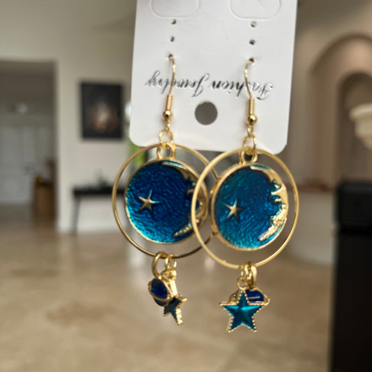 Heart Asymmetric Blue Starry Sky Moon Universe Planet Earrings