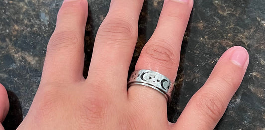 Stainless Steel Fidget Spinner Ring Silver Black Moon Stars Band -7