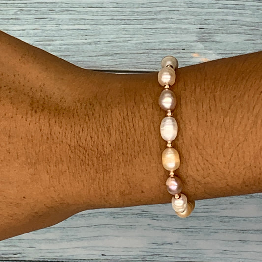 Tricolor Freshwater Pearl Bracelet for Women 5mm to 6mm Rice Pearls Rose Gold Plated Adjustable Gift Jewelry