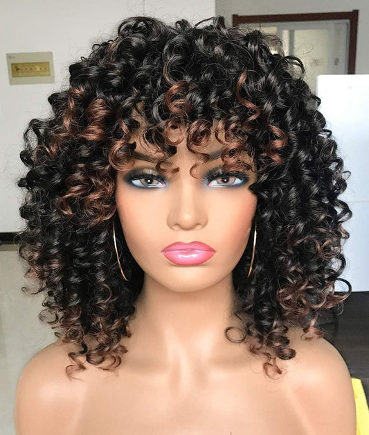 Afro Curly Wig with Bangs – Black & Warm Brown Highlights | Natural Synthetic Hair