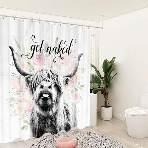 New✨ Shower Curtain Farmhouse Highland Shower Curtain, Funny, Cattle Bull Cow Floral