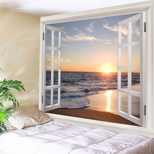 3D Ocean Window Tapestry Sun Sunset Sea Beach Landscape (60x80")