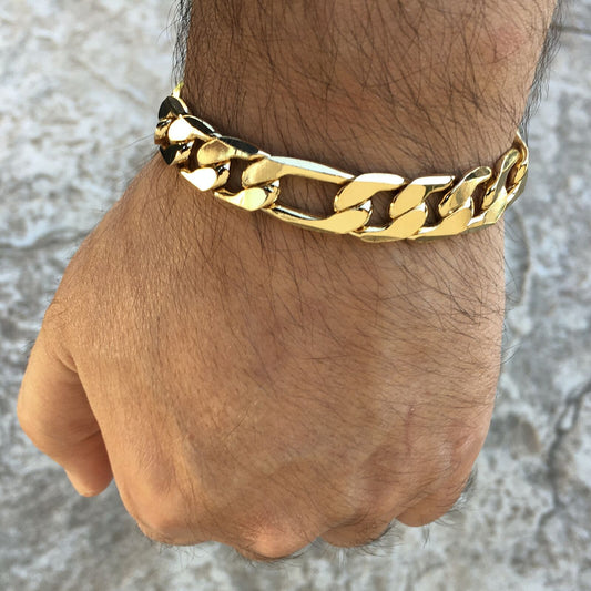 Men's 14K Gold Plated Figaro Hip Hop Bracelet 9" Inch x 12 MM Thick Wrist Chain