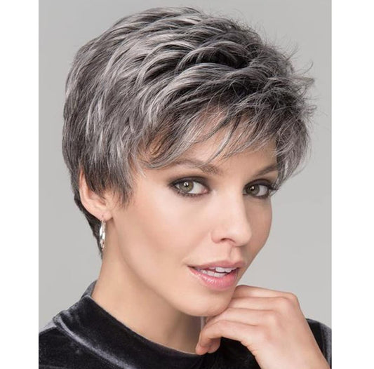 Short Grey Wig Pixie Cut Wig with Bangs Mixed Grey Wigs for White Women Layered